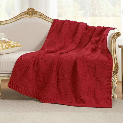 Amélie Home Checkered Chenille Knit Throw Blanket for Couch, Classic Texture Decorative Soft Blanket for Sofa, Chair & Bedroom, 50"x60", Red