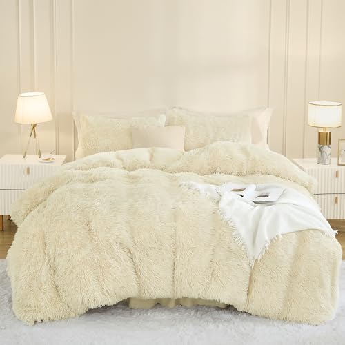 Andency Faux Fur Beige Comforter Set King Size, 3 Pieces Fluffy Fuzzy Plush Bedding Comforter Set (1 Shaggy Velvet Comforter & 2 Pillowcases), Soft Puffy Comfy Down Alternative Comforter Bedding Set