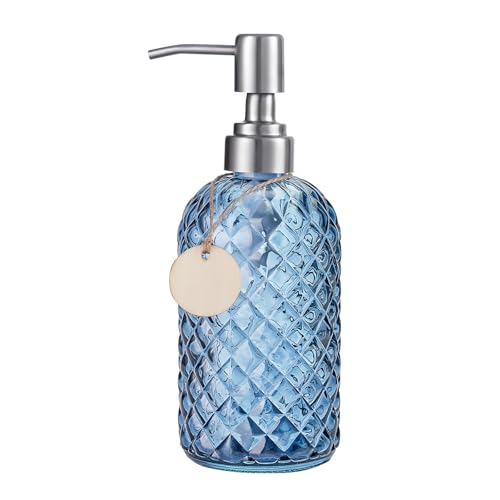 Topsky Glass Soap Dispenser with Siliver Metal Pump - 400ml Liquid Hand Soap Dispenser - Rustproof Pump for Kitchen & Bathroom, Great for Lotions, Essential Oil, Liquid Soaps Blue
