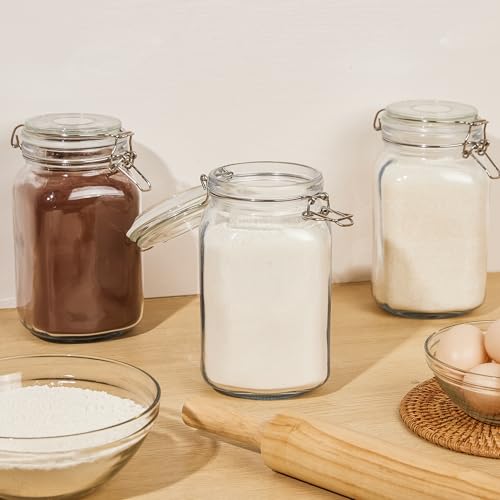 CHEFSTORY 50oz Airtight Glass Jars with Lids, 3 PCS Food Storage Canister for Kitchen & Pantry Organization, Square Mason Jar Containers for Storing Sugar, Flour, Cereal,Coffee,Cookies