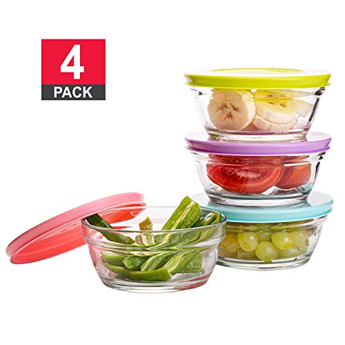 Small Glass Storage Containers with Lids Stackable Bowls Set of 4 with Multi-Colored BPA Free Lids for Cooking Prep Sauce Custard Snack Condiments 85 oz Capacity