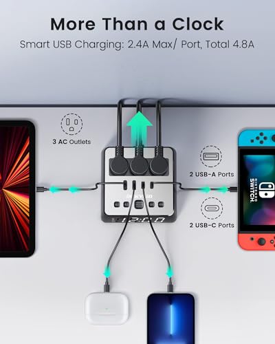 Image of Alarm Clock with USB Charger JACKYLED Power Strip Total 4.8A USB Ports LED Full Screen Surge Protector 6.5ft Cord 4 Dimmer for Heavy Sleepers Compatible with Phone Tablet Computer Black Silver