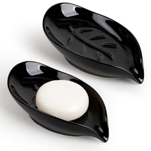 Soap Dish, Self Draining Soap Dishes 2PCS, Leaf Shape Ceramic Bar Soap Holder Drain Soap Dishes for Bathroom Sink Kitchen, Easy to Clean Keeps Soap Dry, Black, ANTIS'S HOME Black-2pcs-enhanc