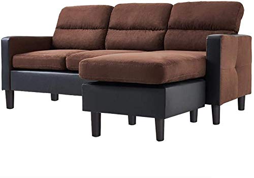 Sofá de 3 plazas con tela de reposapiés de chaise reversible y cuero sintético L en forma de sofá Sofá de esquina de la esquina izquierda y derecha Mobiliario de la sala de estar (gris oscuro)-marrón