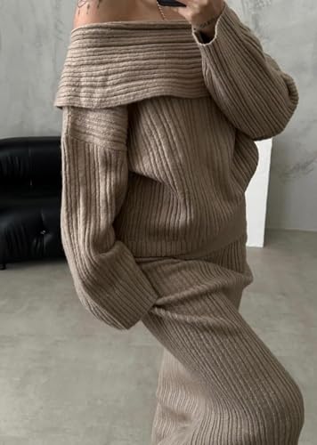 Image of Unybwonn Skirt Sets Women 2 Piece Outfits off the Shoulder Sweater and Knitted Skinny Maxi Skirts Fall Casual Outfits