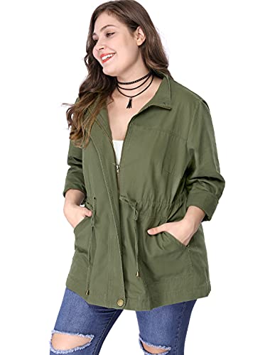 Agnes Orinda Women's Plus Size Stand Collar Drawstring Utility Jacket 3X Army Green #TOP2