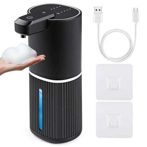 Rudnia Automatic Soap Dispenser Foaming Soap Dispenser Touchless with Continuous Dispensing 4-Level Adjustable Rechargeable Hand Soap Dispensers Wall Mounted or Countertop for Bathroom & Kitchen