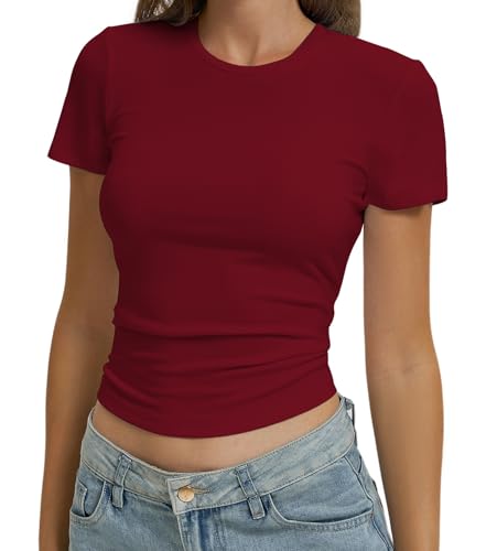 Women Casual Basic T Shirts Top Y2k Crop Tops Trendy Tight Tshirts Tee Slim Fit Clothes(#Wine Red,S)