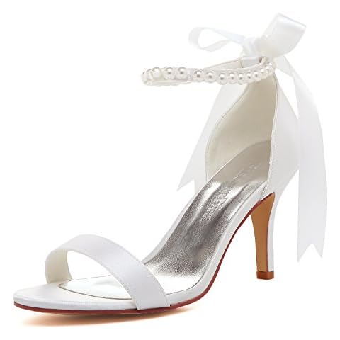 Elegantpark EP11053N Women Ankle Strap Open Toe Stiletto High Heeled Sandals Pearl Ribbon Satin Wedding Bridal Shoes White UK 4(EU 37) Cover