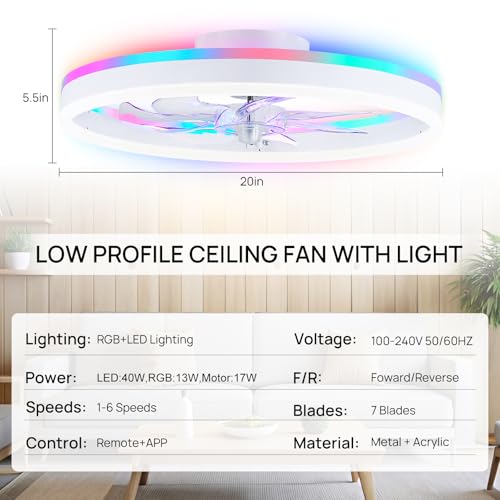 Image of 20 inch RGB Ceiling Fans with Lights and Remote /APP, Dimmable 3000-6500K LED Low Profile Ceiling Fan with Light, Modern Fandelier Flush Mount Ceiling Fan Light for Living Room, Bedroom and Kitchen