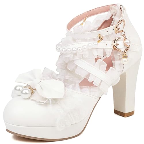 LUXMAX Women Cute Mary Janes Kawaii Shoes Block High Heel Ankle Strap Pumps Sweet Chunky Heel Platform Buckle Pumps with Bow - Main Image