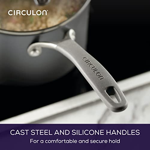 Image of Circulon A1 Series Nonstick Straining Sauce Pan with Lid, 3-Quart, Graphite | Nonstick cookware with ScratchDefense technology, induction ready pot with straining lid, easy release, oven safe to 400AF