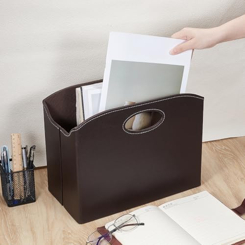 PH PandaHall Porte Revues en Cuir PU Porte Revues Pliable au Sol Étagère de Rangement pour Dossiers Panier de Rangement pour Livres pour Bureau Documents Maison Salon Table, Brun, 34.8x18.8x26.8cm – vue 3