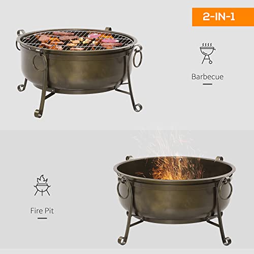 Outsunny 37" Outdoor Fire Pit, Portable Steel Wood Burning Bowl, Grate, Poker, Spark Screen Lid For Patio, Backyard, Camping, Bronze Colored #TOP4