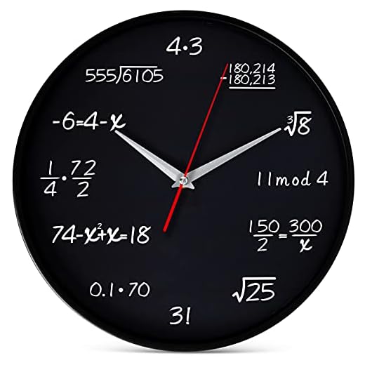 Bernhard Products Math Wall Clock Black 12 Inch Silent Non-Ticking Unique Gift for Teacher/Student/Engineer Graduate Quartz Round Battery Operated, Home Office School Classroom, Mathematical Equations
