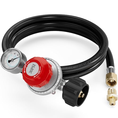 NUPICK 6FT 0-30 PSI Adjustable High Pressure Propane Regulator with 0~60PSI Gauge Gas Flow IndicatorPropane Regulator with Hose for LP Gas Cooker Burner Turkey Fryer Smoker