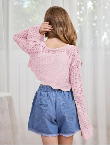 Image of Milumia Girl's Tie Front Crochet Knitted Cardigan Sweater Hollow Out Long Sleeve Crop Cover Up Top