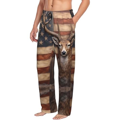 VOSERY Mens Pajama Pants with Pockets, Soft Deer American Flag Wall Sleepwear Mens Lounge Pajama Bottoms, Sleep Pants for Men
