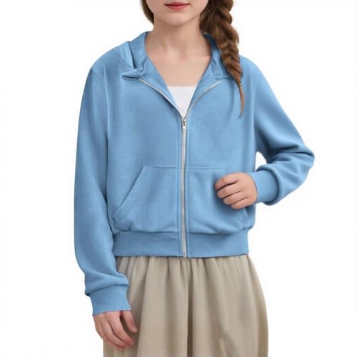 Girls Crop Hoodies 2025 Full-Zip Up Sweatshirts Jacket Teen Girls Hooded Tops Preppy Outfit with Pockets Kids Clothes2