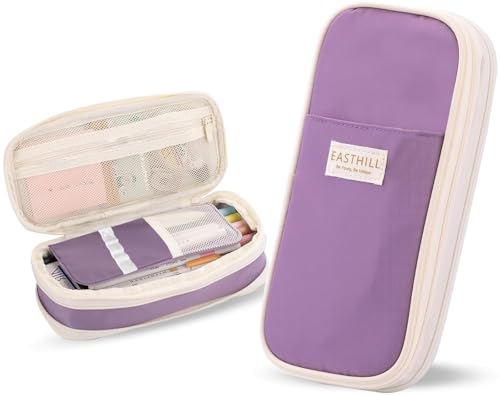 Image of Mrsdry Nylon Large Capacity Pencil Pouch, Durable Storage Multiple Compartment Double Zipper Portable Capacity Pencil Box for Kids College Student Teen, 22X11Cm (Purple)
