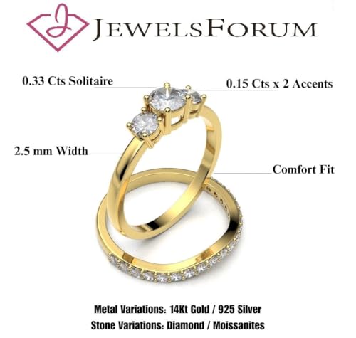JEWELS FORUM 14k Gold 0.84 Carat Diamond Engagement Ring Set 3 Stone Bridal Ring Set For Women 0.33cts Solitaire Round Diamond Pave Set Anniversary Wedding Bands (Color HI/Clarity I1-2)2