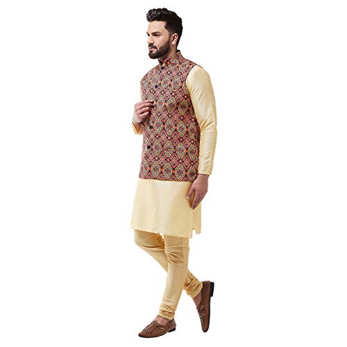 Image of SOJANYA (Since 1958 Men's Silk Blend Gold Kurta Pyjama & Printed Nehrujacket Combo