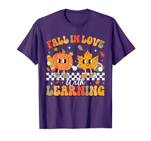 Retro Fall in Love with Learning Autumn Pumpkin Teacher T-Shirt