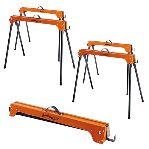Holmwerk 4er-Set, Sägebock, Arbeitsbock, klappbar, Werkbock, Traglast 500kg pro Bock, Gerüstbock, robuste Stahlkonstruktion, Sägehilfe, Sägepferd, Sägebock mit Griff, Gerüstbock für Holzbearbeitung