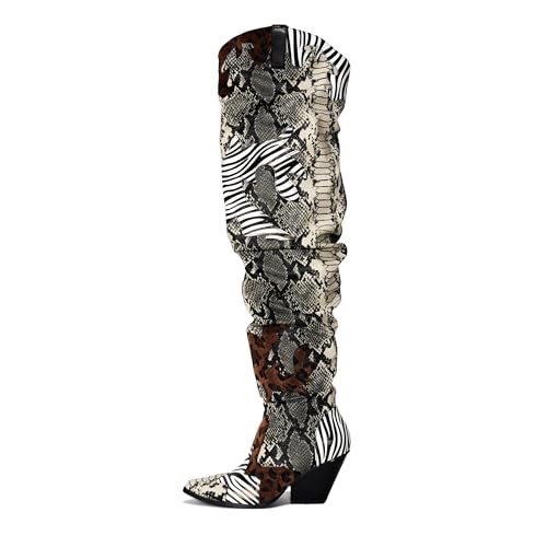 Cape Robbin Women's Thigh High Cowboy Boots with Chunky Heel - Faux Snakeskin Western Booties | Slip Resistant Block Heels for Fall Winter (Hilda) - Animal Print Size 9