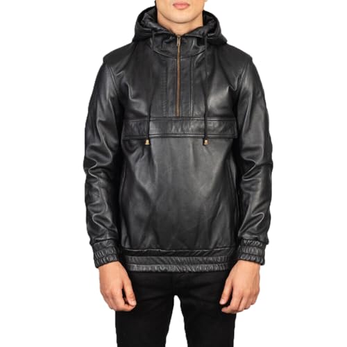 Men's 100% Real Lambskin Leather Hooded Pullover Jacket Classic Bomber Biker Jacket Casual Wear Hoodie