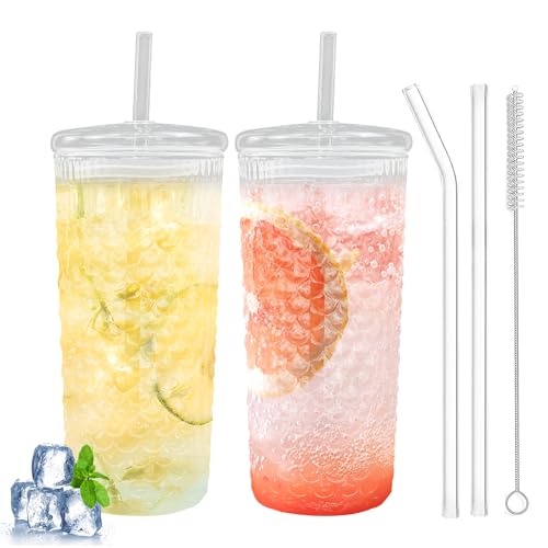 Byfoyif 2PCS Vasos Cristal con Pajita, Tazas de Vidrio de Burbuja de 650 ml, Vasos de Cristal Acanalados con 3 Pajitas y 2 Cepillos de Limpieza, Vaso con Pajita para Café, Helado, Té, Zumo y Whisky