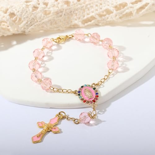 Image of Car Mirror Hanging Accessories,Car Rosary for Mirror Hanging,Catholic Religious Gifts for Women Men,Wedding Favors Baptism First Communion Gifts for Guest (Pink)