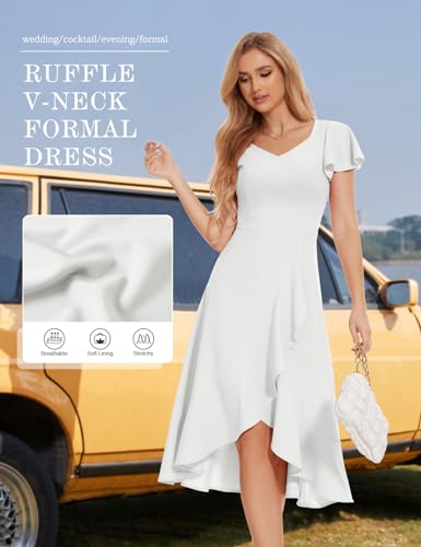Image of HomRain V Neck Formal Wedding Guest Dresses for Women Ruffle Sleeves for Cocktail Graduation Modest Dress