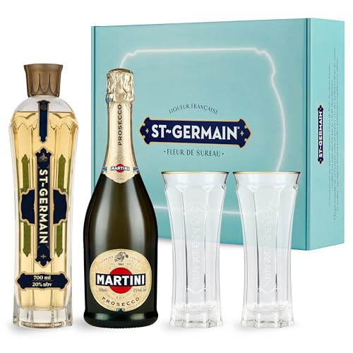 St-Germain Hugo Cocktail Kit con liquore ai fiori di sambuco 70cl / 700ml, Prosecco MARTINI 75cl / 750ml e due bicchieri St-Germain Hugo