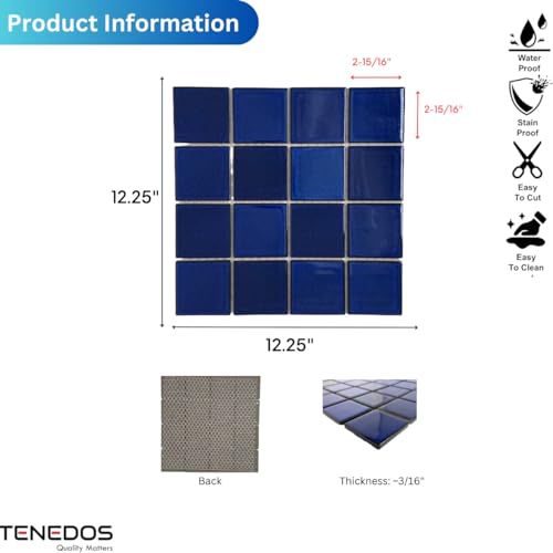 Tenedos CBLT33SQR Premium Quality 3X3 Cobalt Blue Square Pattern Porcelain Mosaic Floor Wall Pool Tile thumb #1