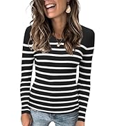 Bellcoco Women's Striped Sweater Pullover Long Sleeve Shirt Slim Fitted Ribbed Knit Fall Casual B...