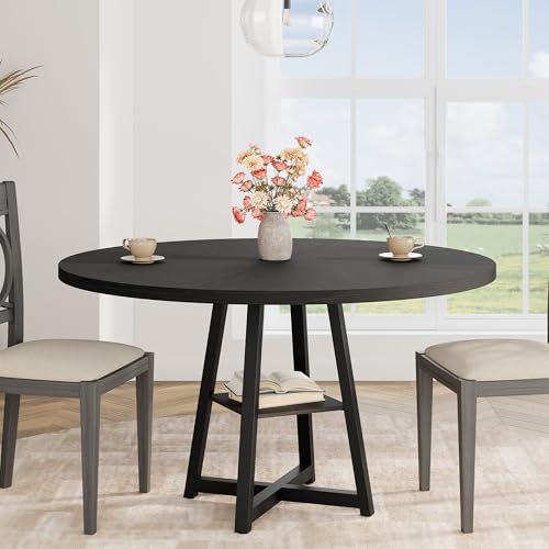 GAOMON 47" Round Dining Table for 4-6 People, Wooden Circle Kitchen Table with Storage Shelf, Industrial Dining Room Table for Kitchen, Dining Room, Save Space