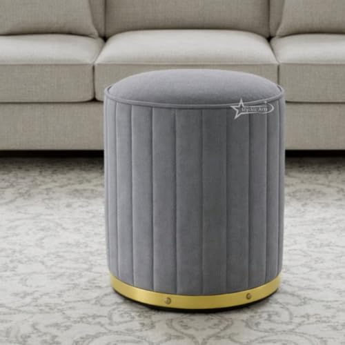 Image of Upholstered Round Linen Strip Stool Living Room Foot Rest Office Stool Pouf Ottoman Padded Seat - Grey