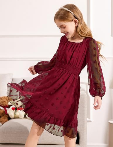 Arshiner Girls Dresses Long Sleeve Square Neck Swiss Dot Flowy Casual Party Dress2