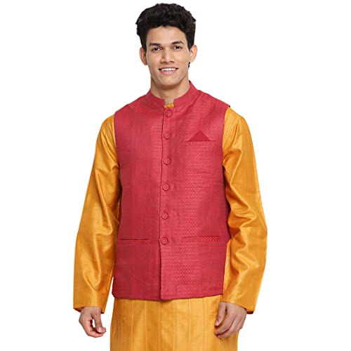 Fabindia Men Linen Woven Nehru Jacket Red_M