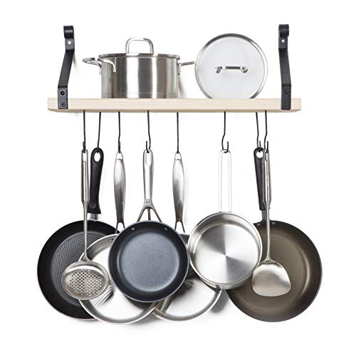 Soduku Pot Pan Rack with Solid Wood Shelf, Wall Mounted Multifunctional Kitchen Hanging Organizer with 8 Hooks for Pots Pans Lids Utensils Cookware Natural