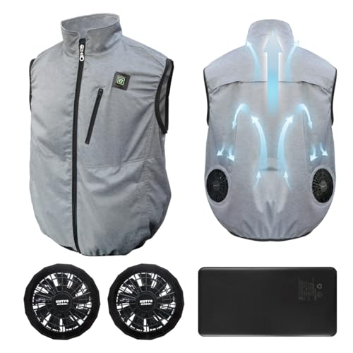 ブレイン【MESH-BN-001 胸スイッチ付き空調ベスト/フルセット(ファン×2個、USBモバイルバッテリー1個付属）(裏チタンコーティング/フルハーネス対応)】カラー：杢色 サイズ：LL-XL