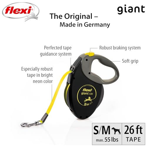 flexi® Giant S/M Gurt 8 m schwarz/neon-gelb, Roll-Leine für Hunde bis 25 kg