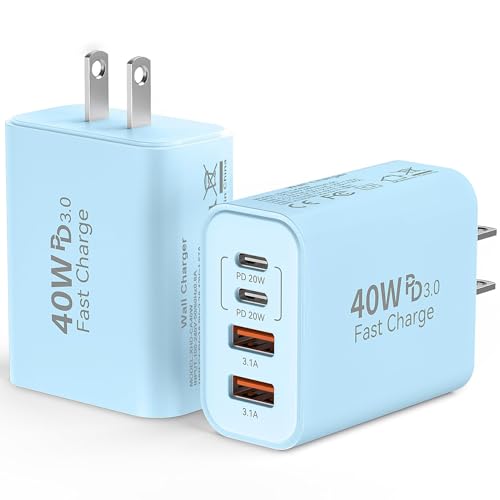 Image of USB C Wall Fast Charger Block, 40W 4-Port Type C Chargers Fast Charging Blocks PD Power Charger Adapter+QC 3.0 USB Multiport Charger Brick for Phone 17 /16 /15 /14 /13 /12 Pro Max, i-Pad, Galaxy S25-2Pack