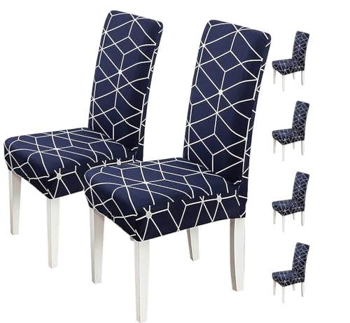 Image of House of Quirk Elastic Chair Cover Stretch Removable Washable Short Dining Chair Cover Protector Seat Slipcover (Pack of 6, Dark Blue White Cube)