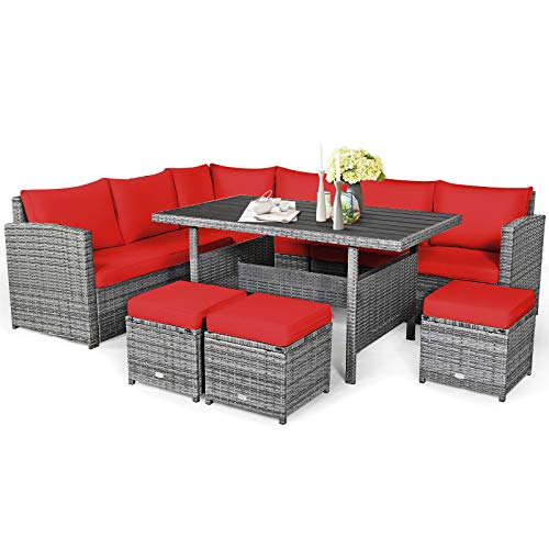 Tangkula 7 Pieces Patio Furniture Set, Outdoor Sectional Rattan Sofa Set with Cushions, All Weather Wicker Conversation Couch Set w/Dining Table & Ottomans for Backyard Garden Poolside