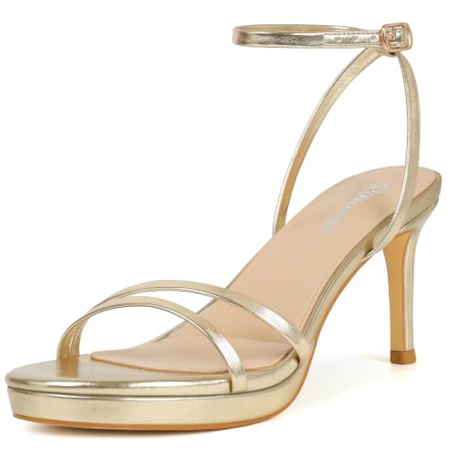 Image of RIBONGZ High Heels for Women Kitten Heeled Sandals with Ankle Strap Round Open Toe Strappy Stiletto Heels Comfort Summer Wedding Party Evening Prom Daily Dressy Shoes