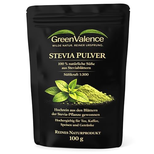 GreenValence Stevia Pulver - 100% natürliche Süße aus Steviablättern | Hochergiebig 1:300 | Zuckerfreie pflanzliche Alternative | Blattpulver für Tee Kaffee Backen Getränke & Desserts (100 g)