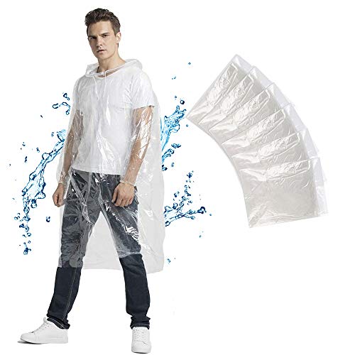 Cosowe Ponchos Adults Disposable for Rain, Clear Raincoats with Hood Drawstring and Sleeves, Plastic Emergency Rain Ponchos for Family Travel Disney Camping Hiking (Clear-6 Pack)