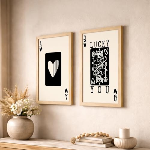 Image of NoWorries Typography Playing Cards Wall Art Framed Painting | Lucky Ace and Queen Heart Card Art Prints | Minimal Black & White Aesthetic Wall Decor | Premium 300 GSM Paper Print with Synthetic Wooden Frame | Modern Wall Art for Living Room, Bedroom & Office (Set of 2) (NATURAL, ART-5, 13X19INCHES)
